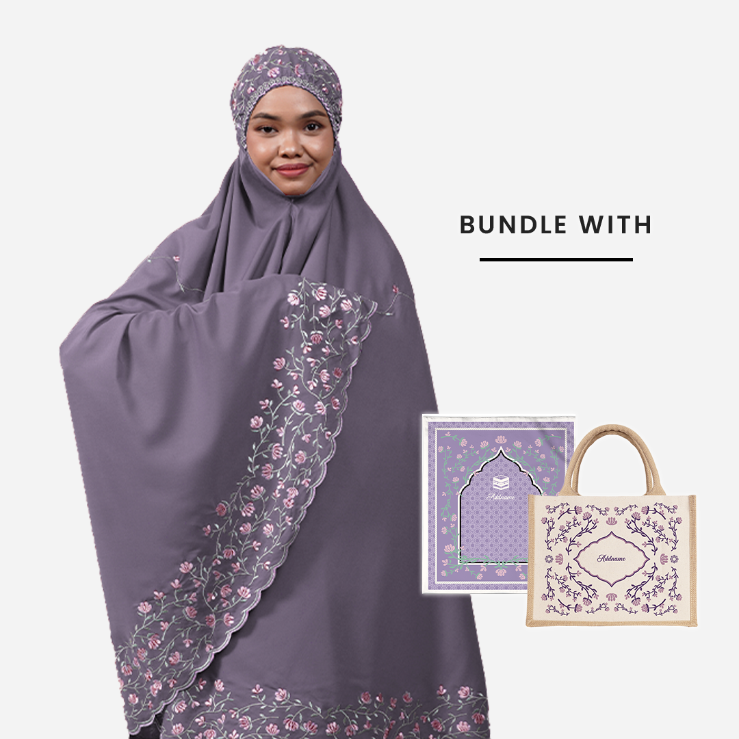 Dang Anum Series - Ancient Purple Telekung with Prayer Mat and Half Lining Small Jute Bag
