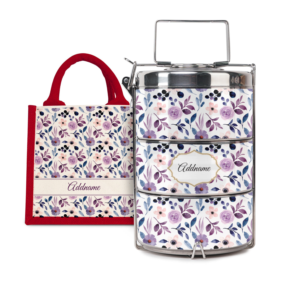Laura Series - Violet - Lunch Tote Bag with Three-Tier Tiffin Carrier