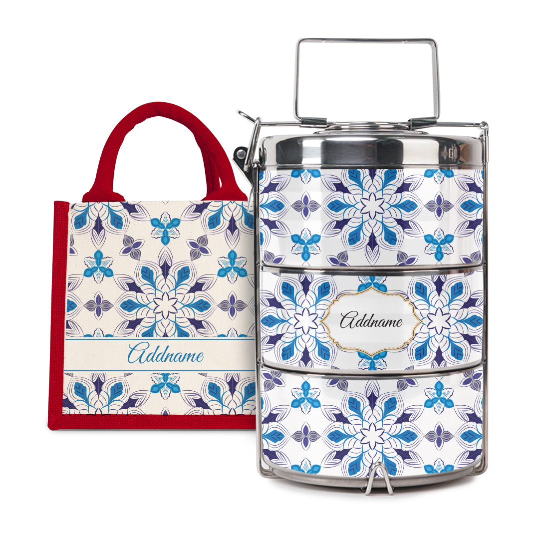 Moroccan Series - Arabesque Frost - Lunch Tote Bag with Three-Tier Tiffin Carrier