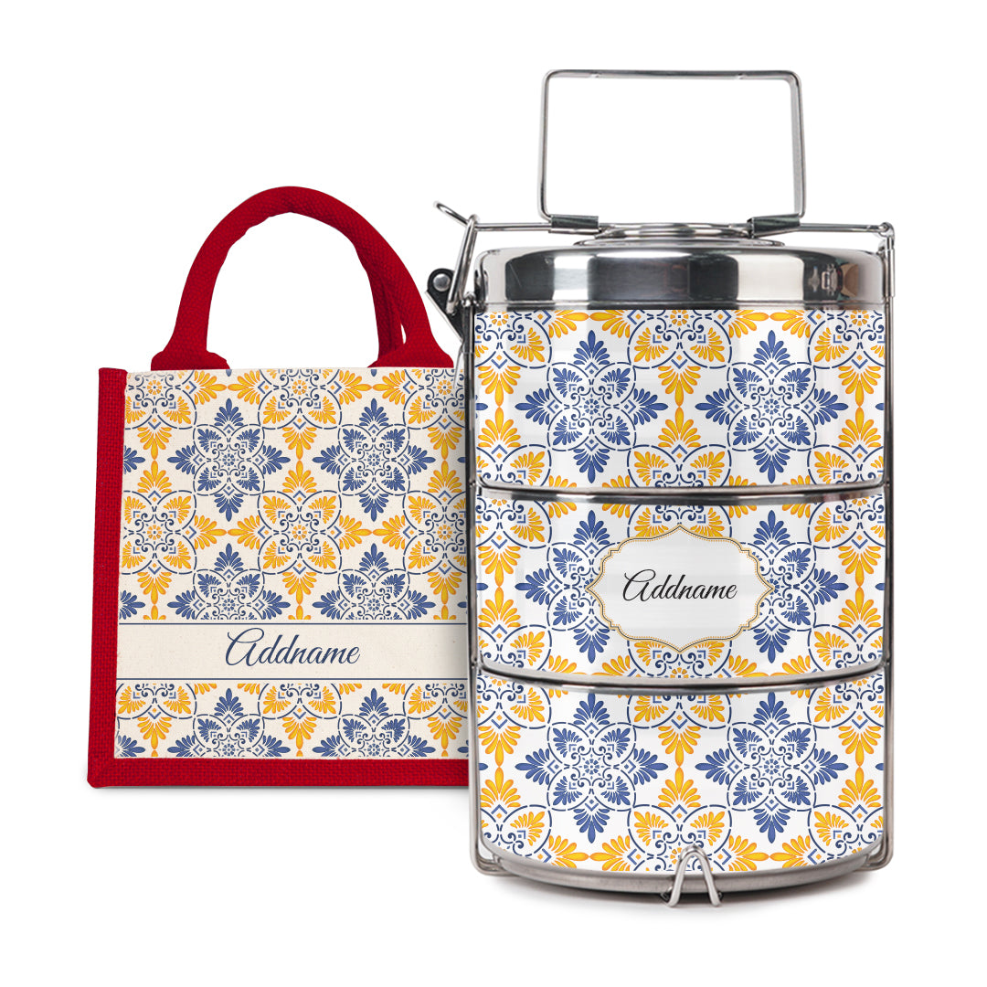Moroccan Series - Arabesque Butter Blue  - Lunch Tote Bag with Three-Tier Tiffin Carrier