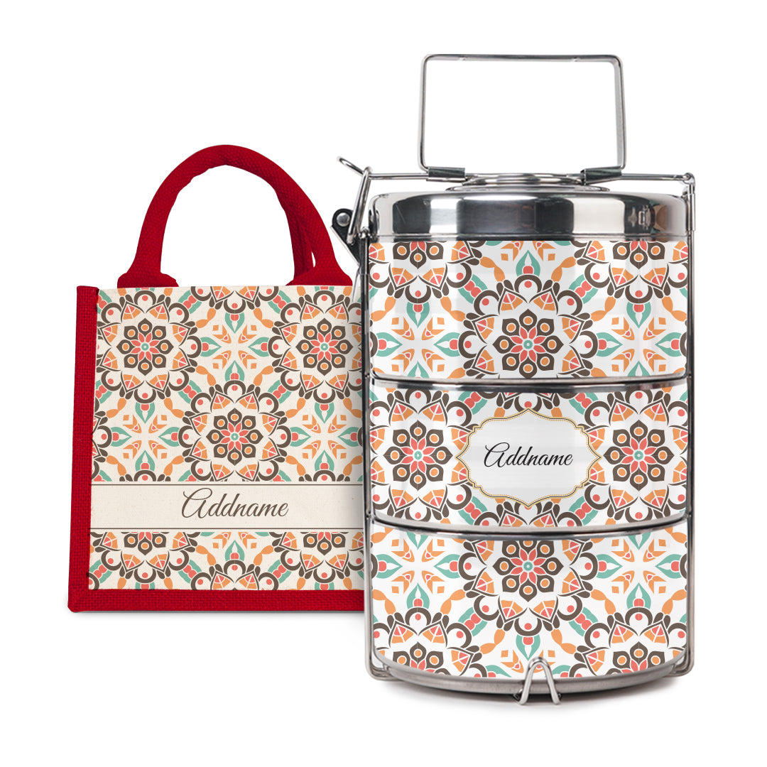Moroccan Series - Arabesque Geo Brown - Lunch Tote Bag with Three-Tier Tiffin Carrier