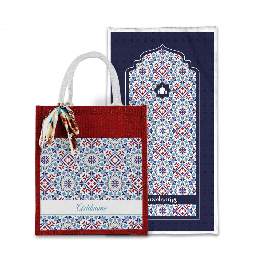 Arabesque Agean Blue Sejadah with Matching Colourful Jute Bag