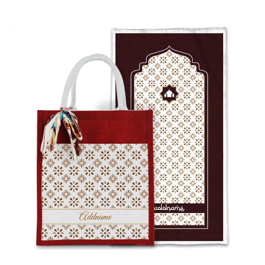 Arabesque Tawny Brown Sejadah with Matching Colourful Jute Bag