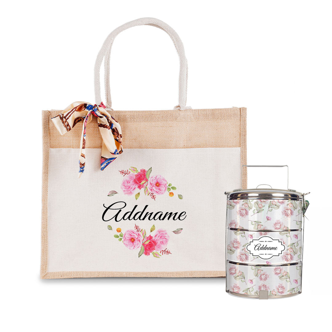 Pink Rose Flower Tiffin Carrier and Jute Bag with Front Pocket Set