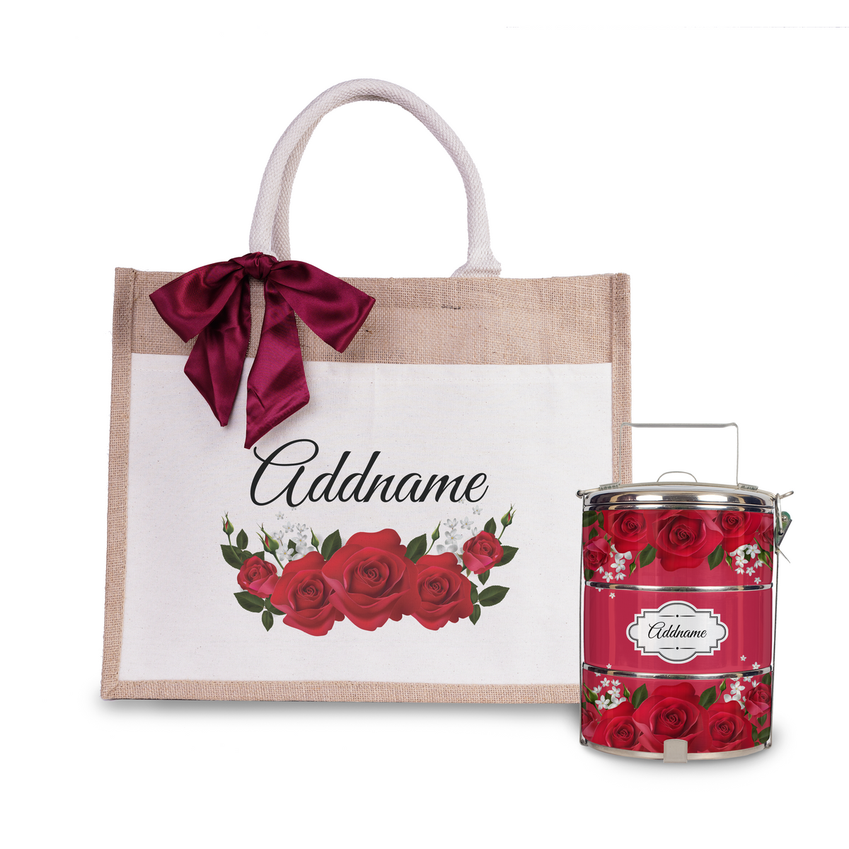 Red Rose Tiffin Carrier and Jute Bag with Front Pocket Set