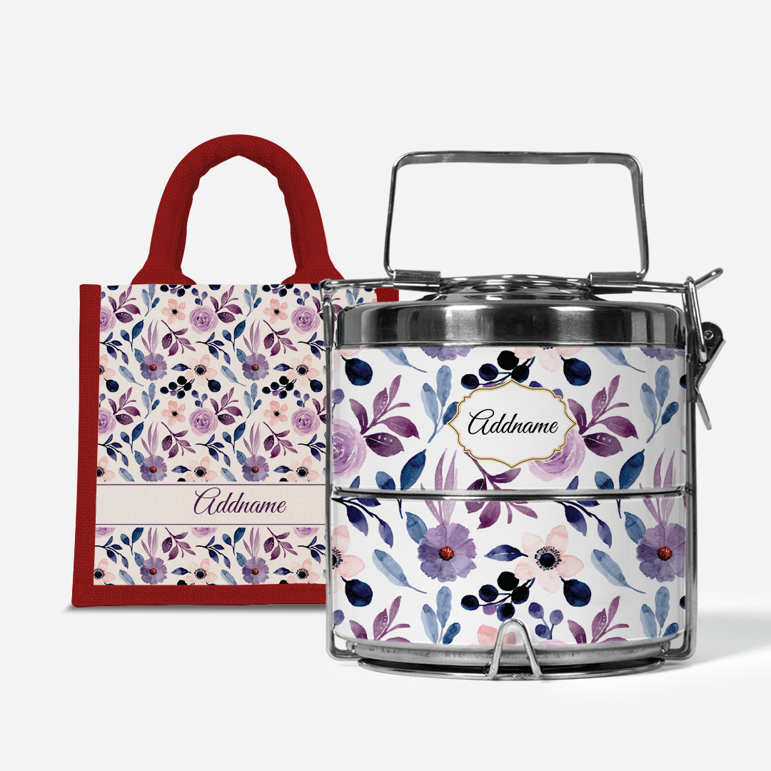 Laura Series - Violet - Lunch Tote Bag with Two-Tier Tiffin Carrier