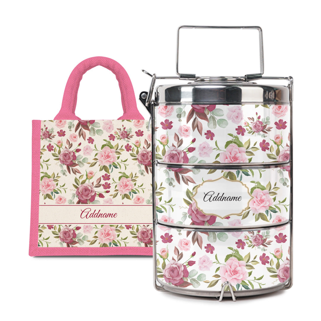 Laura Series - Ruby  - Lunch Tote Bag with Three-Tier Tiffin Carrier