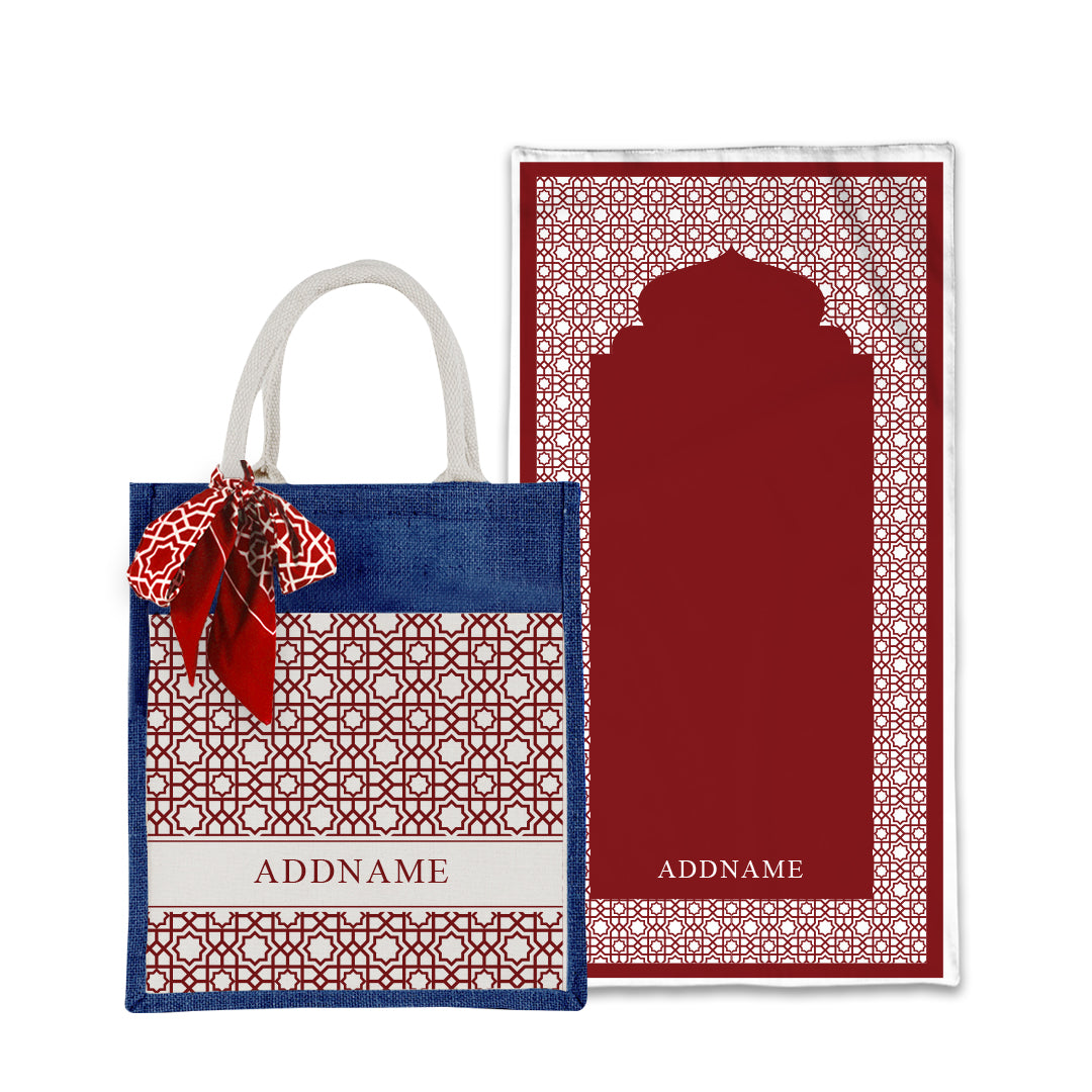 Annas Series - Rouge Prayer Mat with Matching Colourful Jute Bag