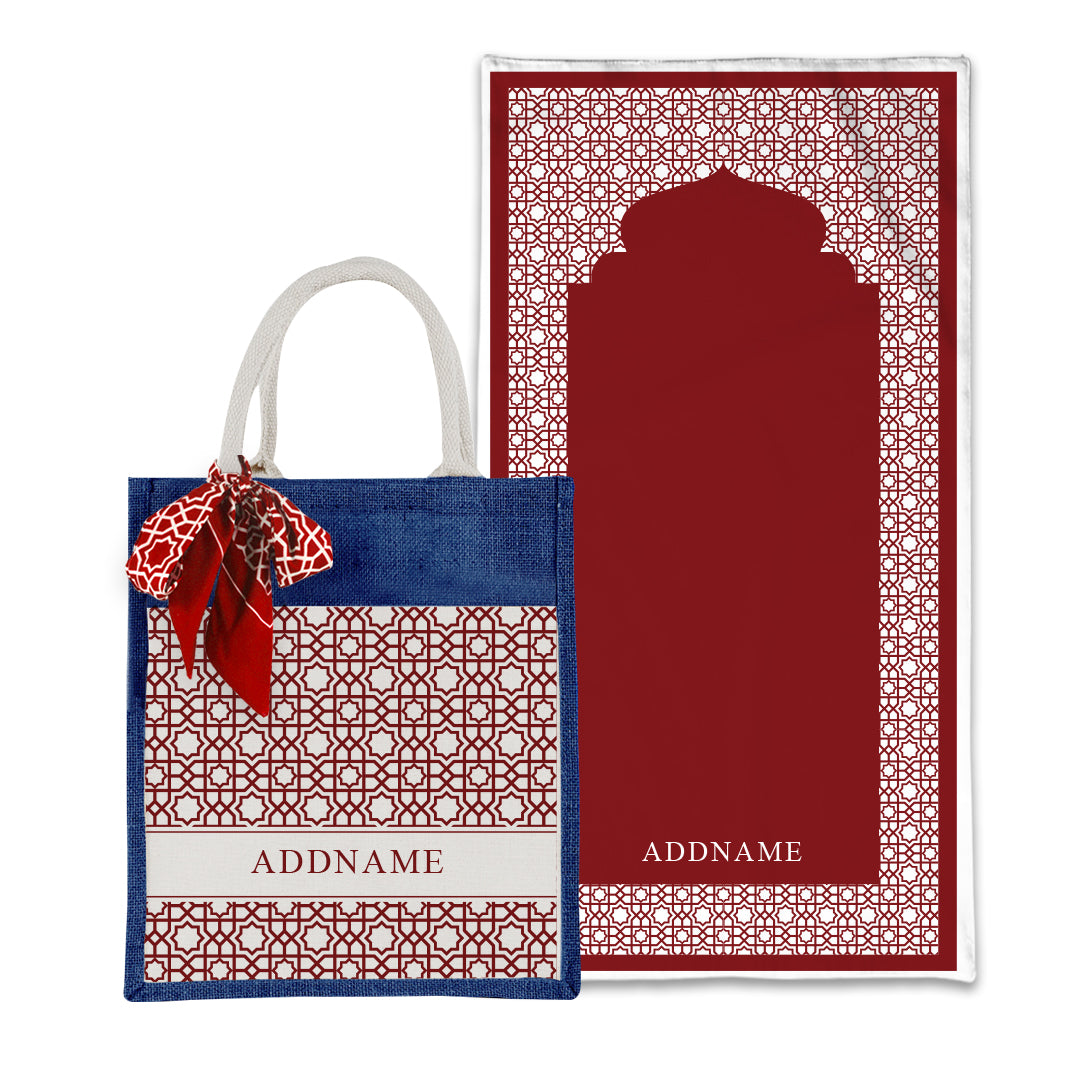 Annas Series - Rouge Prayer Mat with Matching Colourful Jute Bag