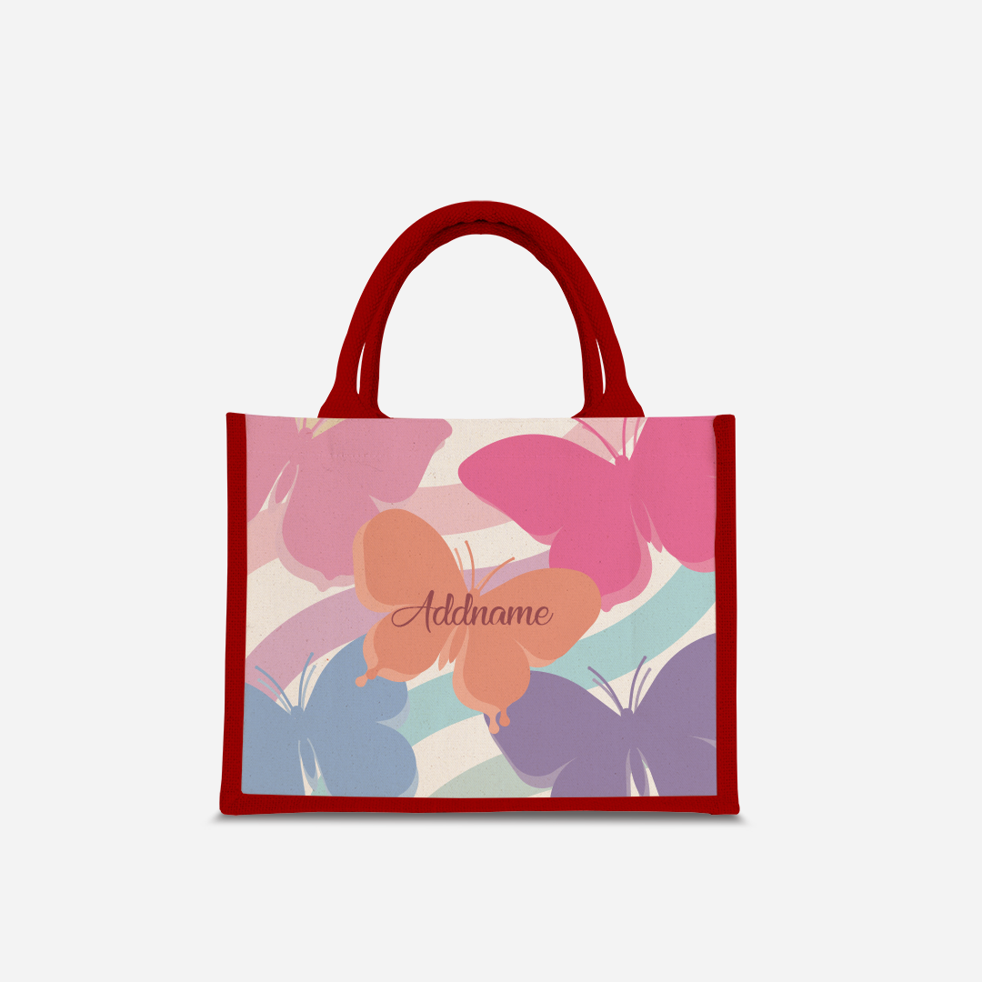 Butterfly Series Half Lining Small Jute Bag - Pink Red