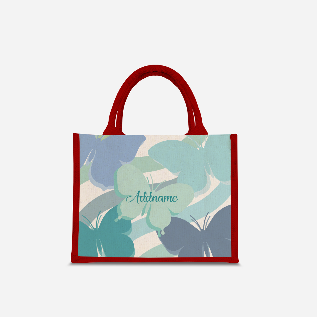 Butterfly Series Half Lining Small Jute Bag - Blue Red
