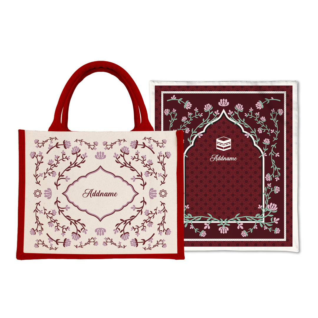 Dang Anum Series - Ancient Maroon Prayer Mat with Half Lining Small Jute Bag