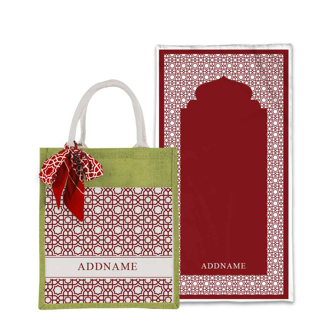 Annas Series - Rouge Prayer Mat with Matching Colourful Jute Bag