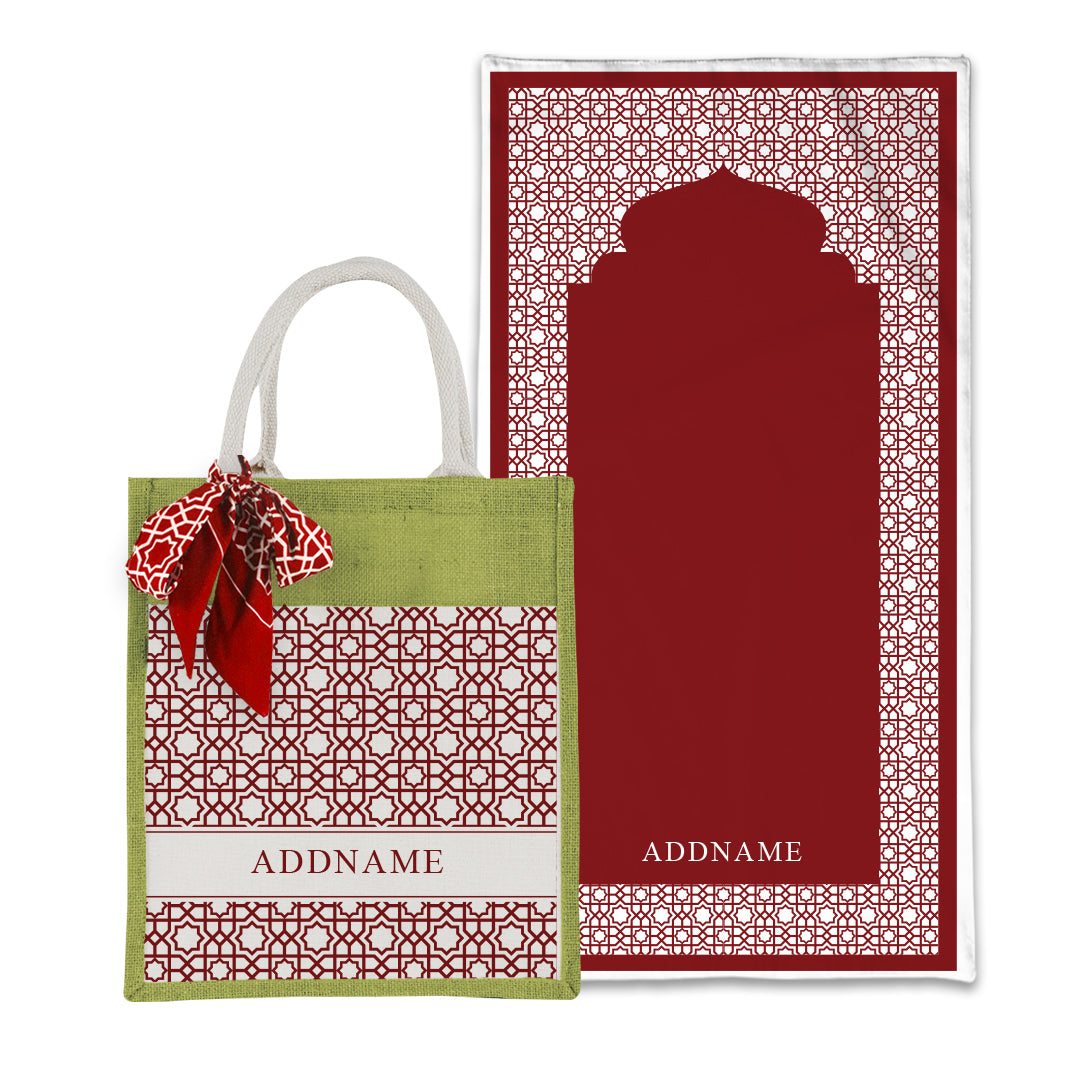 Annas Series - Rouge Prayer Mat with Matching Colourful Jute Bag