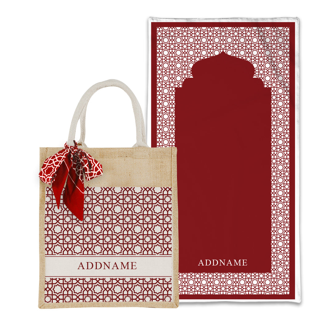 Annas Series - Rouge Prayer Mat with Matching Colourful Jute Bag