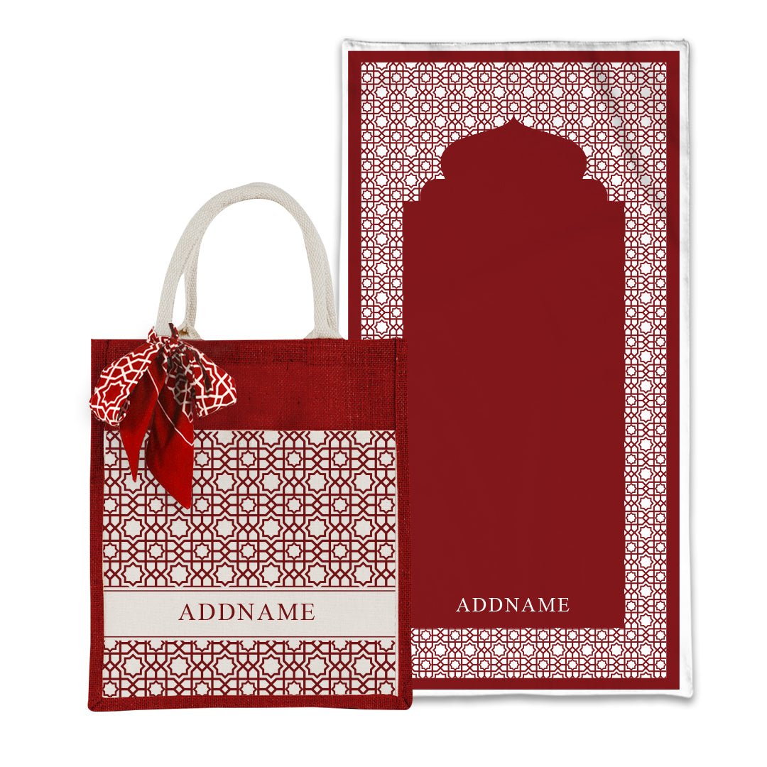 Annas Series - Rouge Prayer Mat with Matching Colourful Jute Bag