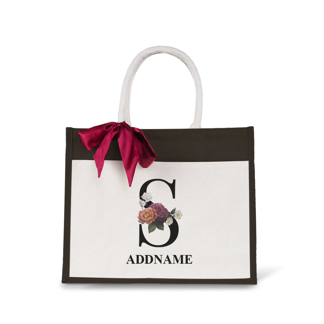 Myra Floral Series Black Jute Bag with Front Pocket