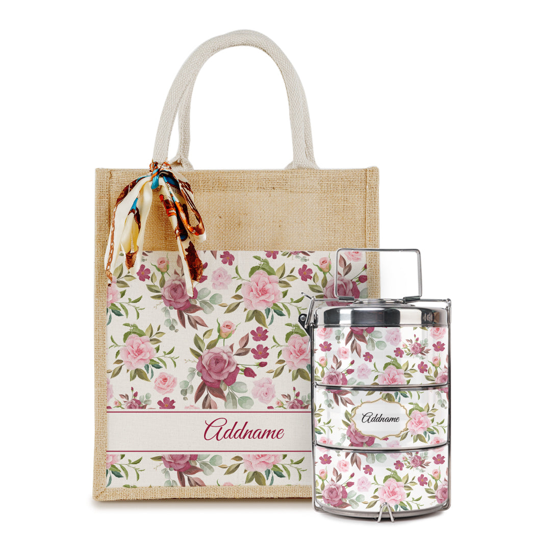 Laura Series - Ruby Colorful Jute Bag with Tiffin Carrier Set