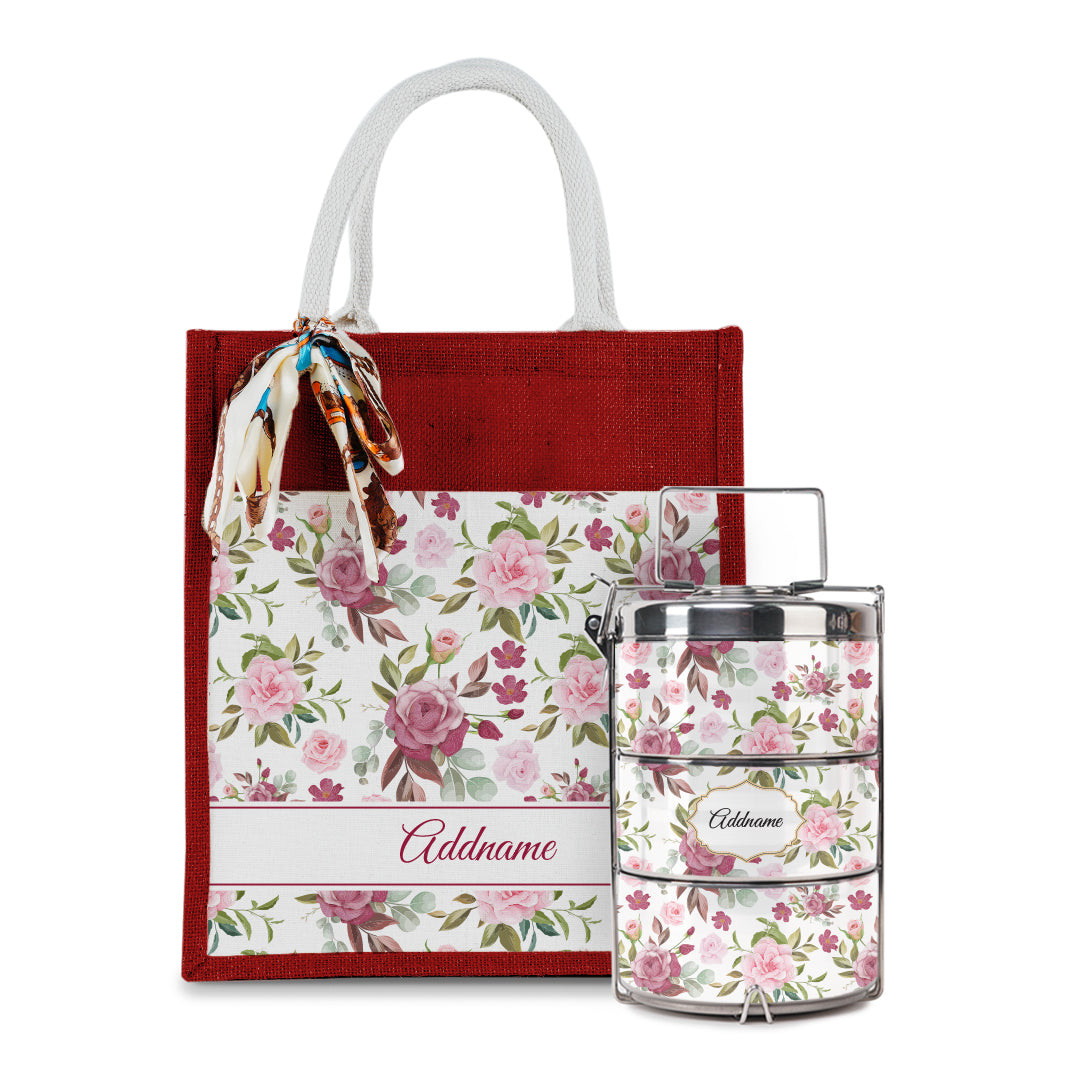 Laura Series - Ruby Colorful Jute Bag with Tiffin Carrier Set