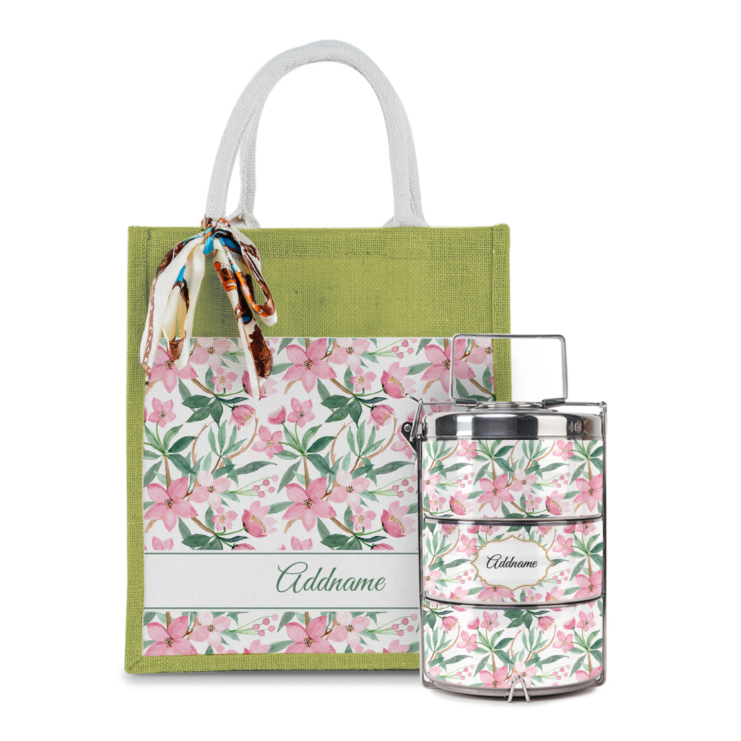 Laura Series - Blossom Colourful Jute Bag with Tiffin Carrier Set