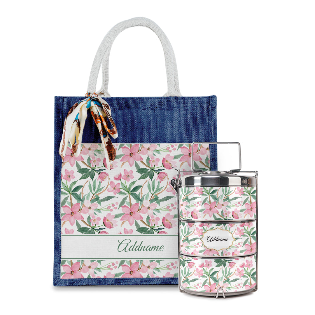 Laura Series - Blossom Colourful Jute Bag with Tiffin Carrier Set