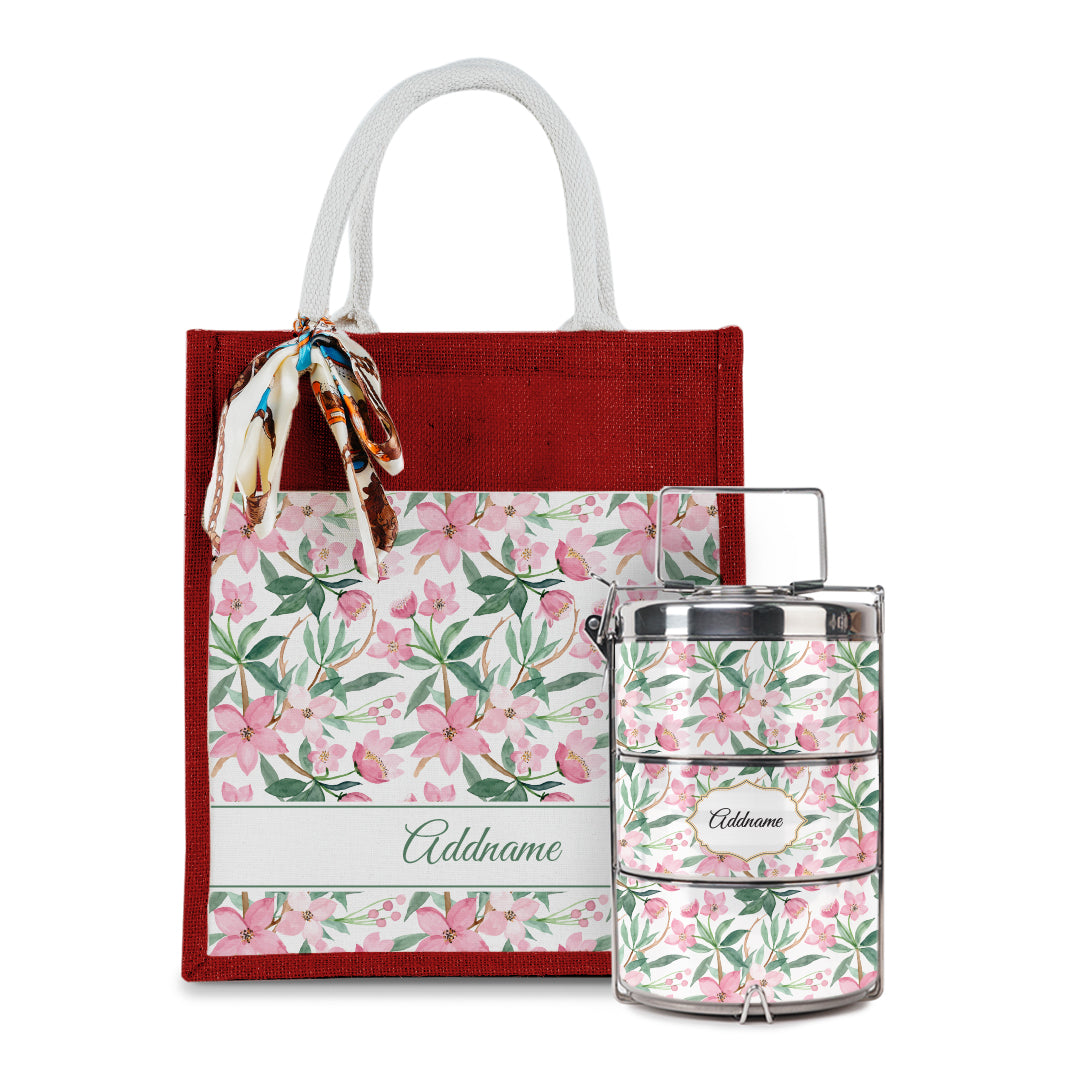 Laura Series - Blossom Colourful Jute Bag with Tiffin Carrier Set