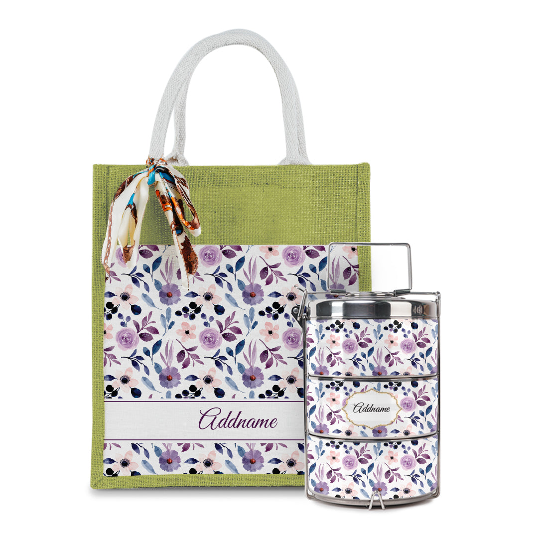 Laura Series - Violet Colorful Jute Bag with Front Pocket with Tiffin Carrier Set