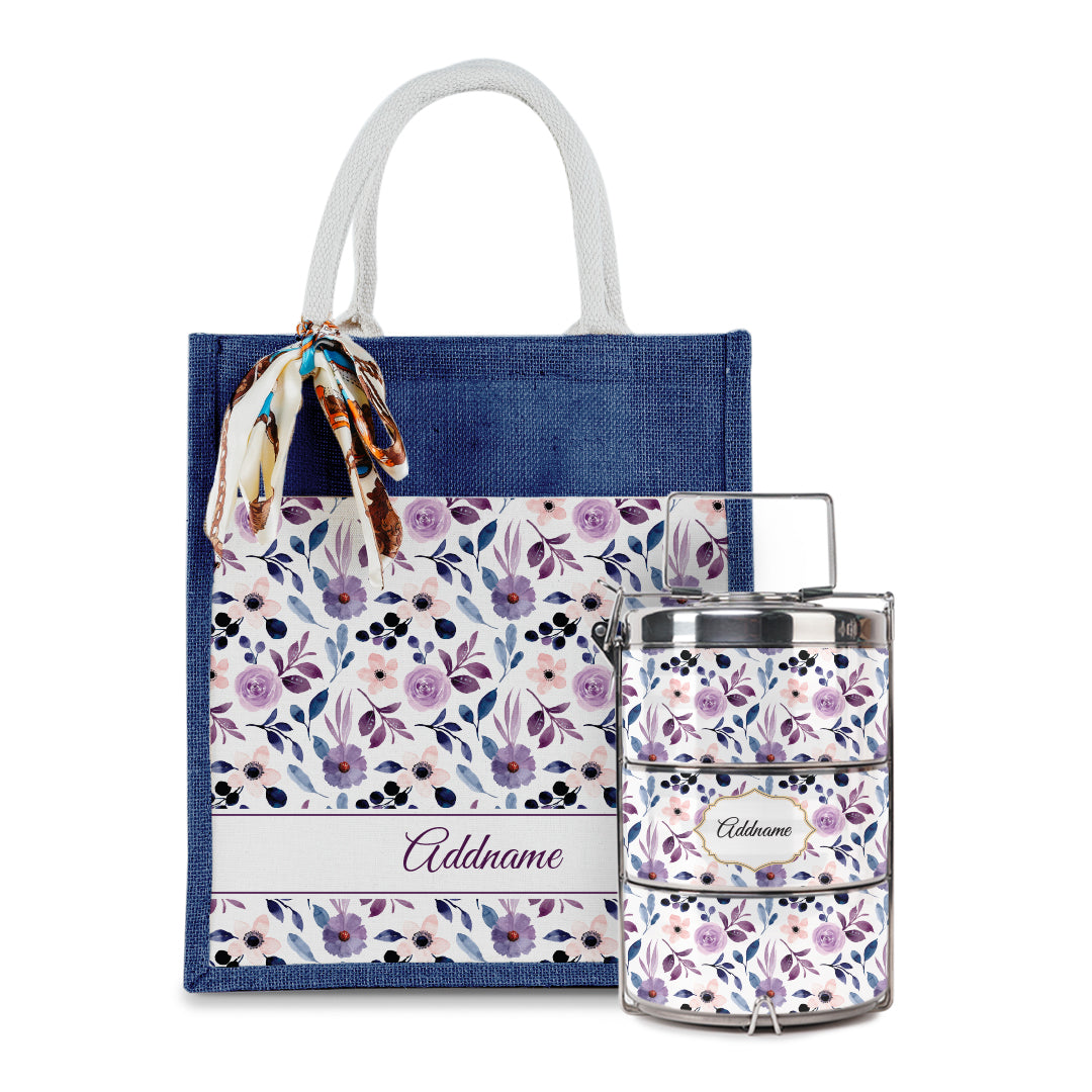 Laura Series - Violet Colorful Jute Bag with Front Pocket with Tiffin Carrier Set