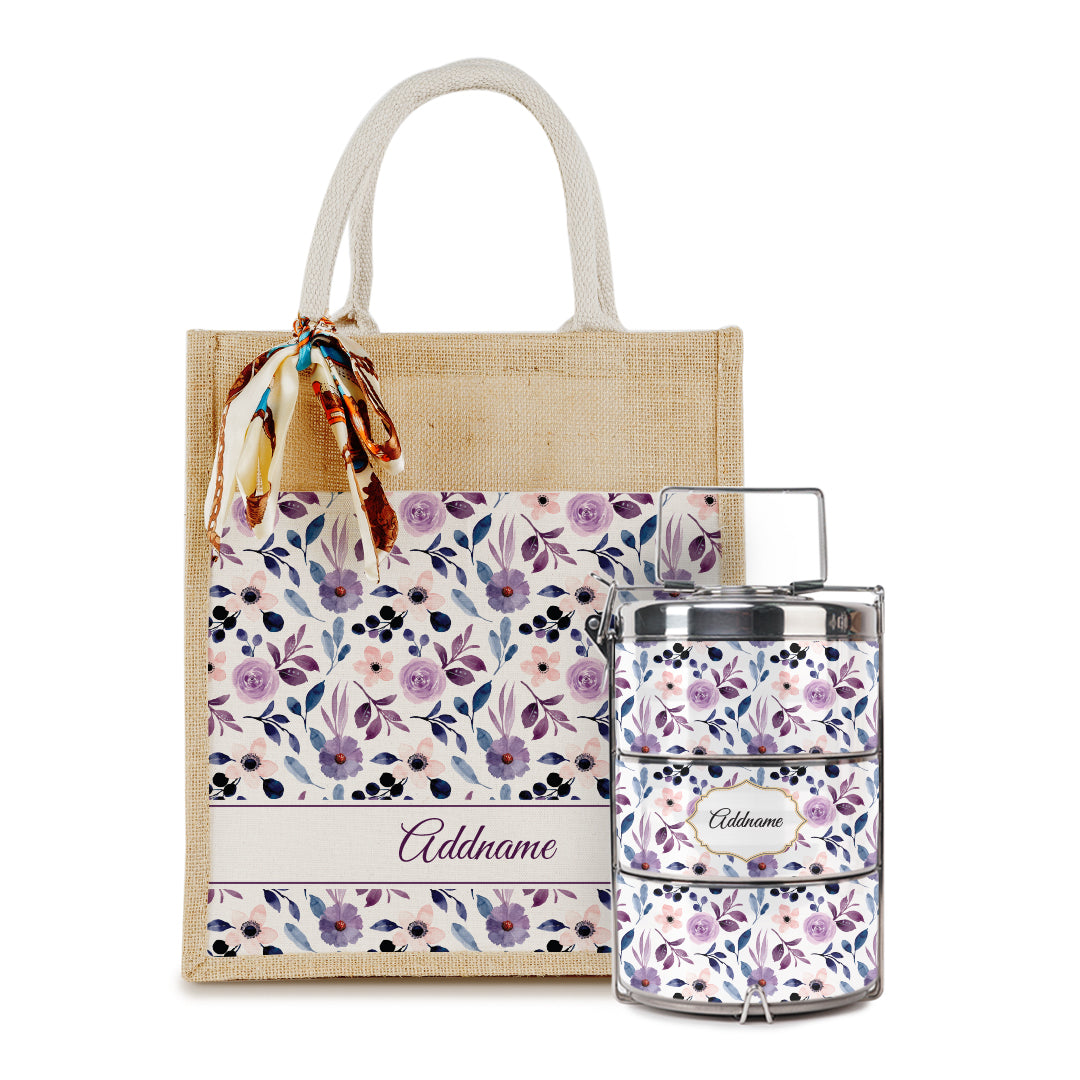 Laura Series - Violet Colorful Jute Bag with Front Pocket with Tiffin Carrier Set