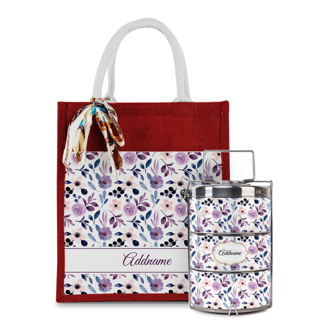 Laura Series - Violet Colorful Jute Bag with Front Pocket with Tiffin Carrier Set
