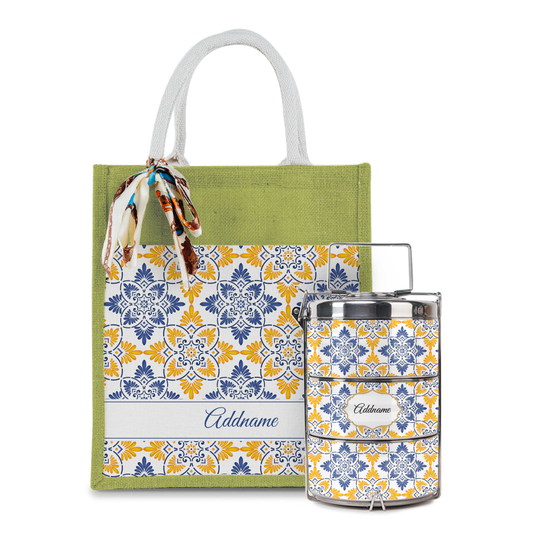 Arabesque Butter Blue Colourful Jute Bag with Tiffin Carrier Set