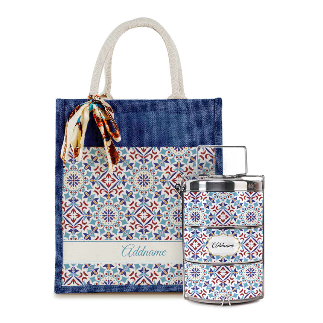Arabesque Agean Blue Colourful Jute Bag with Tiffin Carrier Set