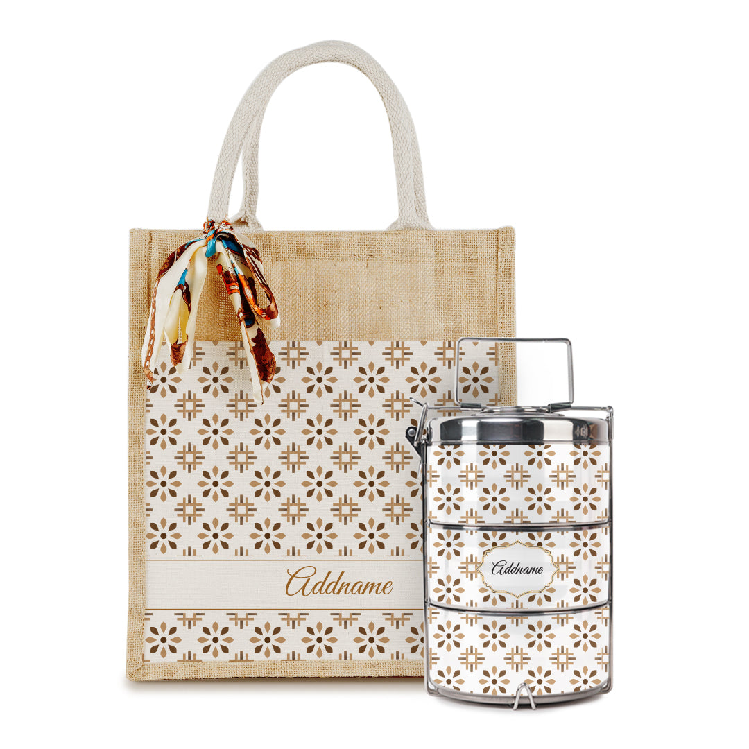 Arabesque Tawny Brown Colourful Jute Bag with Tiffin Carrier Set