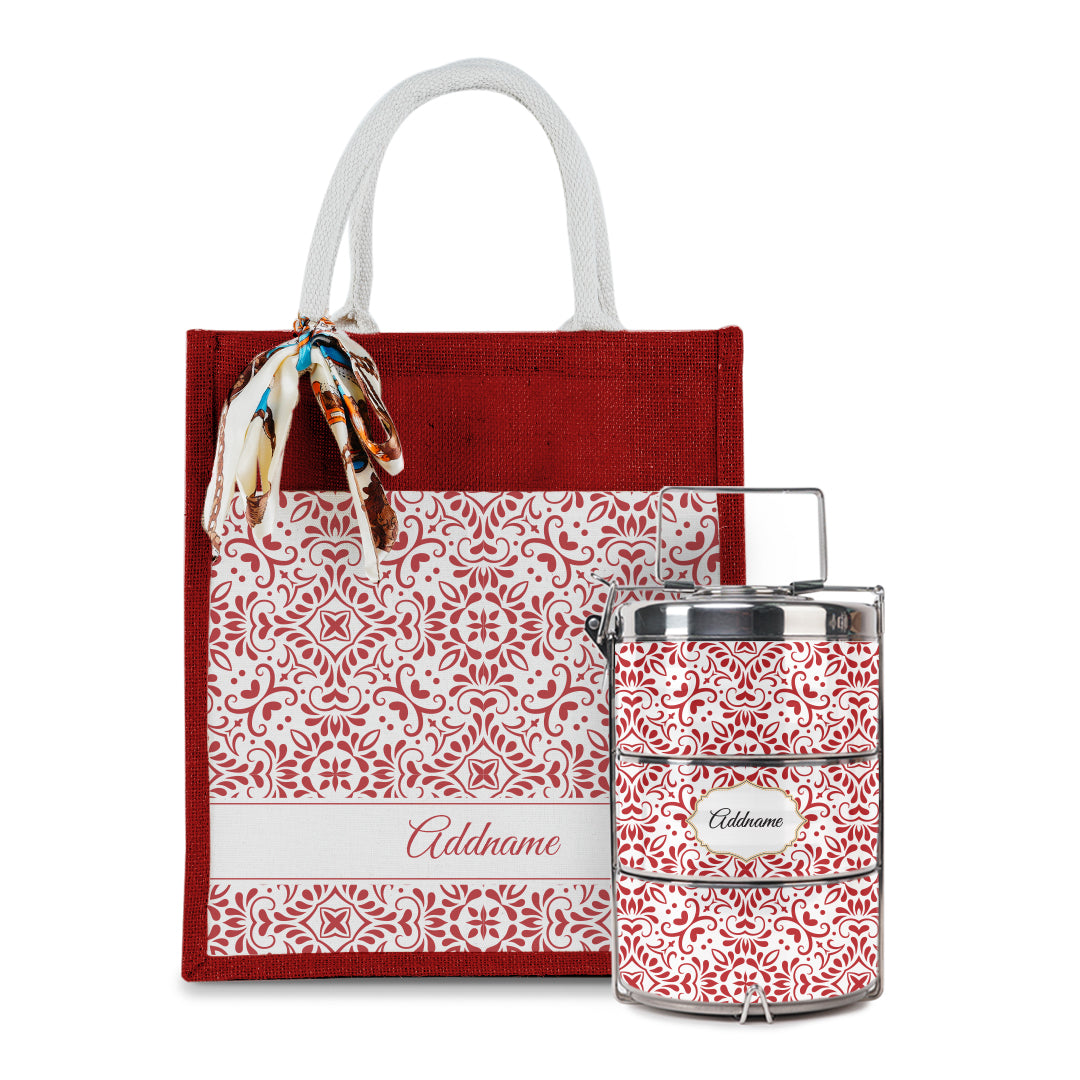 Arabesque Rosette Colourful Jute Bag with Tiffin Carrier Set