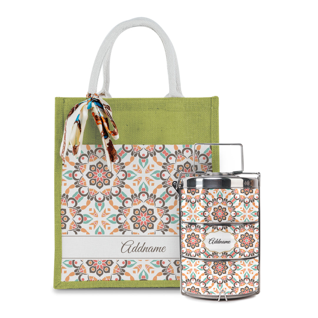 Arabesque Geo Brown Colourful Jute Bag with Tiffin Carrier Set