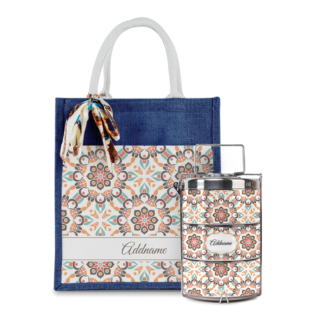 Arabesque Geo Brown Colourful Jute Bag with Tiffin Carrier Set