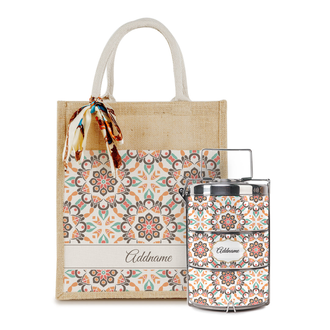 Arabesque Geo Brown Colourful Jute Bag with Tiffin Carrier Set
