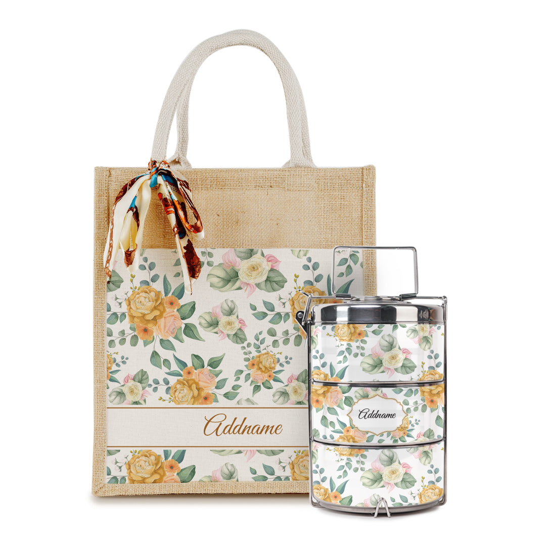 Laura Series - Honey Colorful Jute Bag with Tiffin Carrier Set