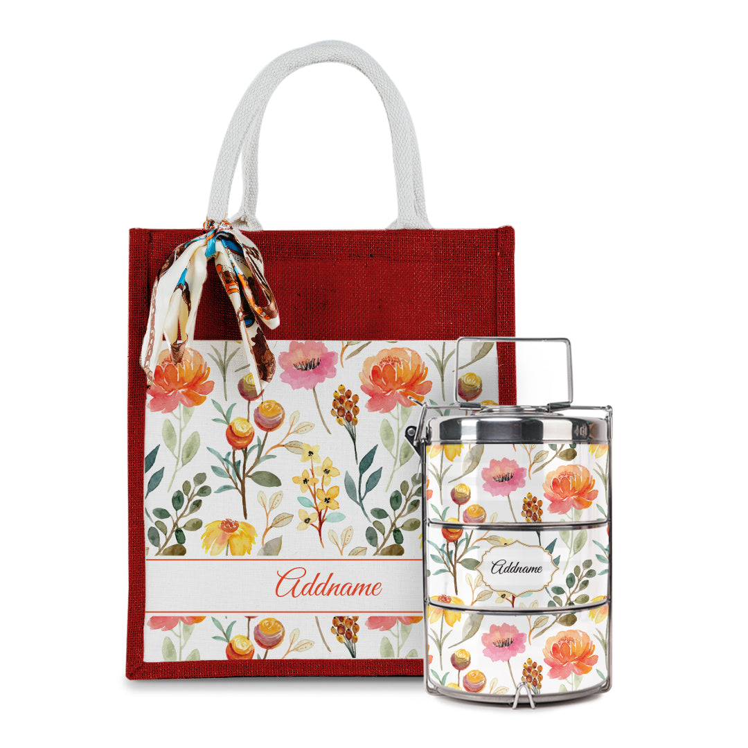 Laura Series - Carnelian Colorful Jute Bag with Tiffin Carrier Set