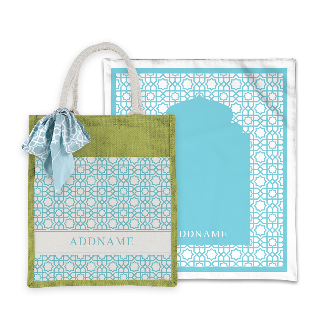 Annas Series - Pastel Sky Blue Prayer Mat with Matching Colourful Jute Bag