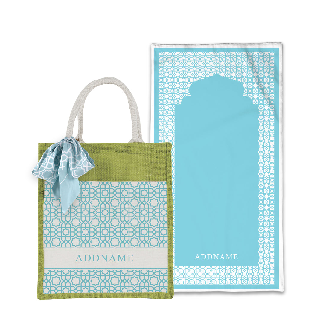 Annas Series - Pastel Sky Blue Prayer Mat with Matching Colourful Jute Bag