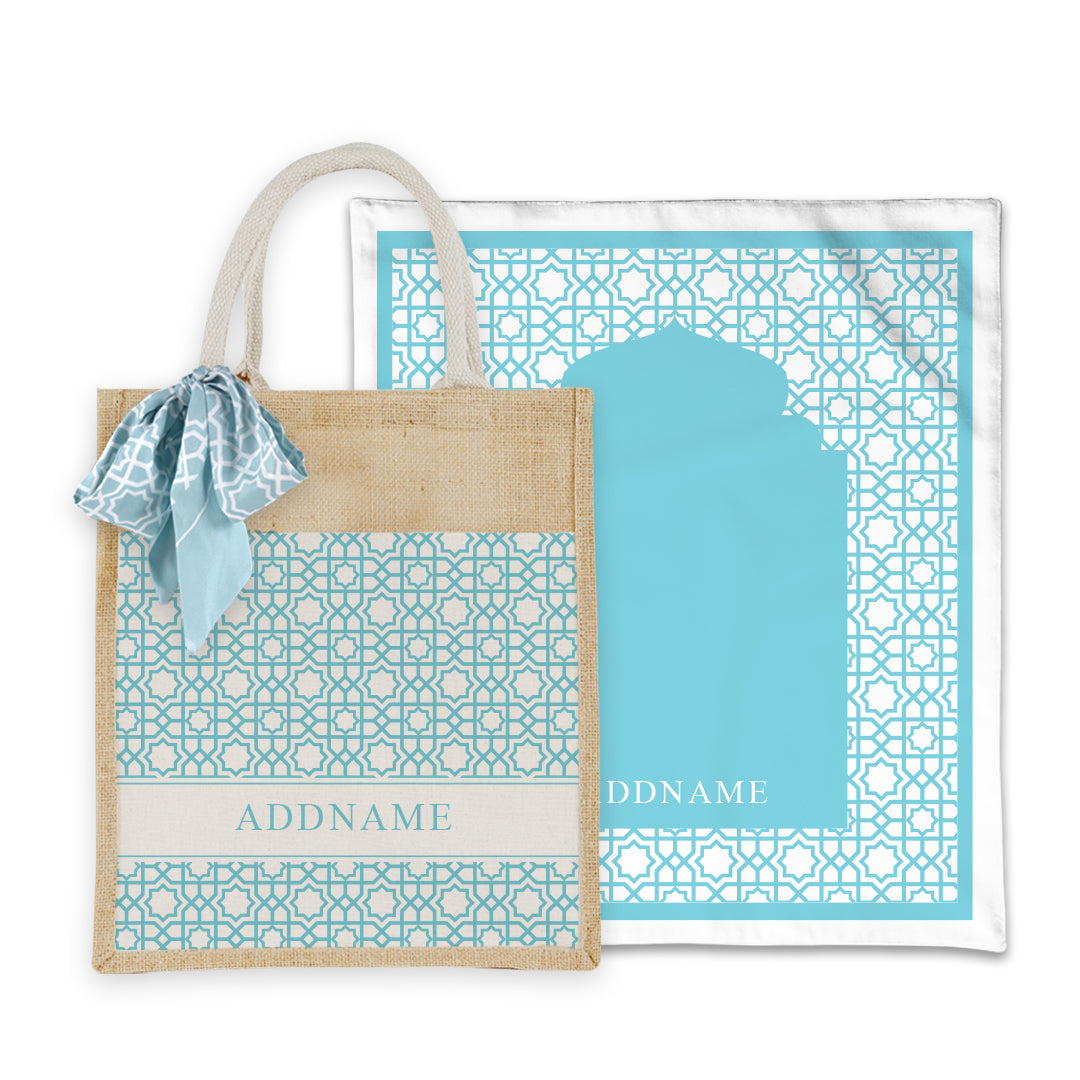 Annas Series - Pastel Sky Blue Prayer Mat with Matching Colourful Jute Bag