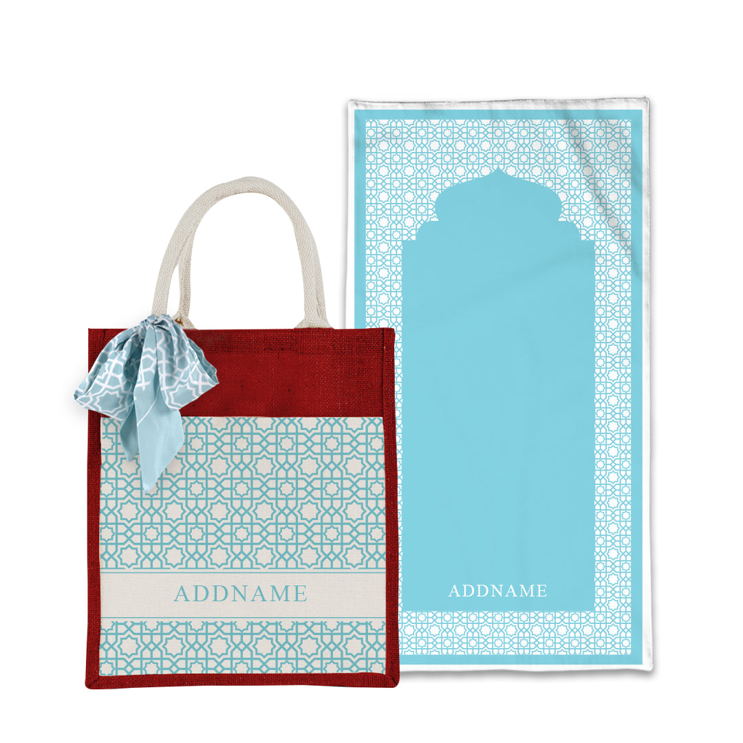 Annas Series - Pastel Sky Blue Prayer Mat with Matching Colourful Jute Bag