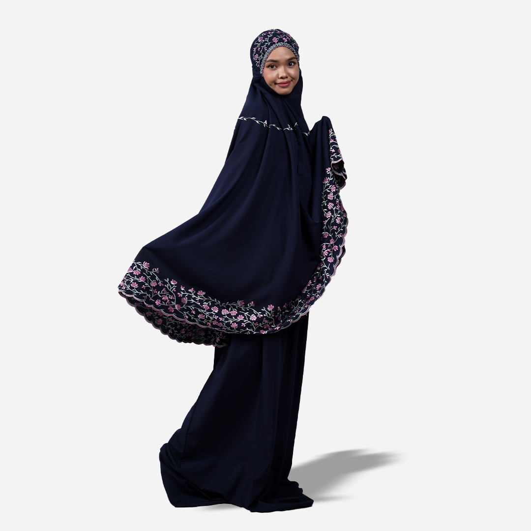 Dang Anum Series - Ancient Navy Blue Telekung with Prayer Mat and Half Lining Small Jute Bag