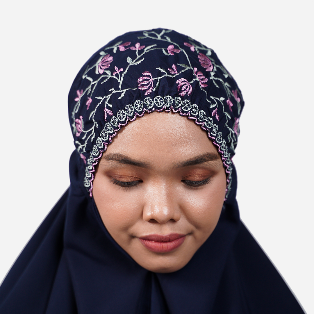 Dang Anum Series - Ancient Navy Blue Telekung with Prayer Mat and Half Lining Small Jute Bag