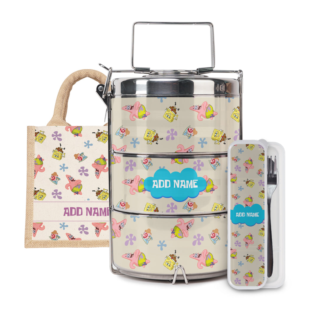 SpongeBob - Happy Walking Pattern Personalized Half Lining Lunch Bag , Tiffin Carrier and Cutlery Set