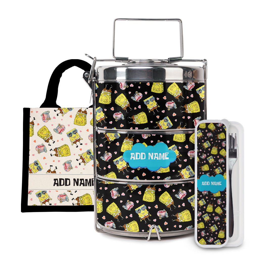 SpongeBob - Get Happy Pattern Personalized Half Lining Lunch Bag , Tiffin Carrier and Cutlery Set