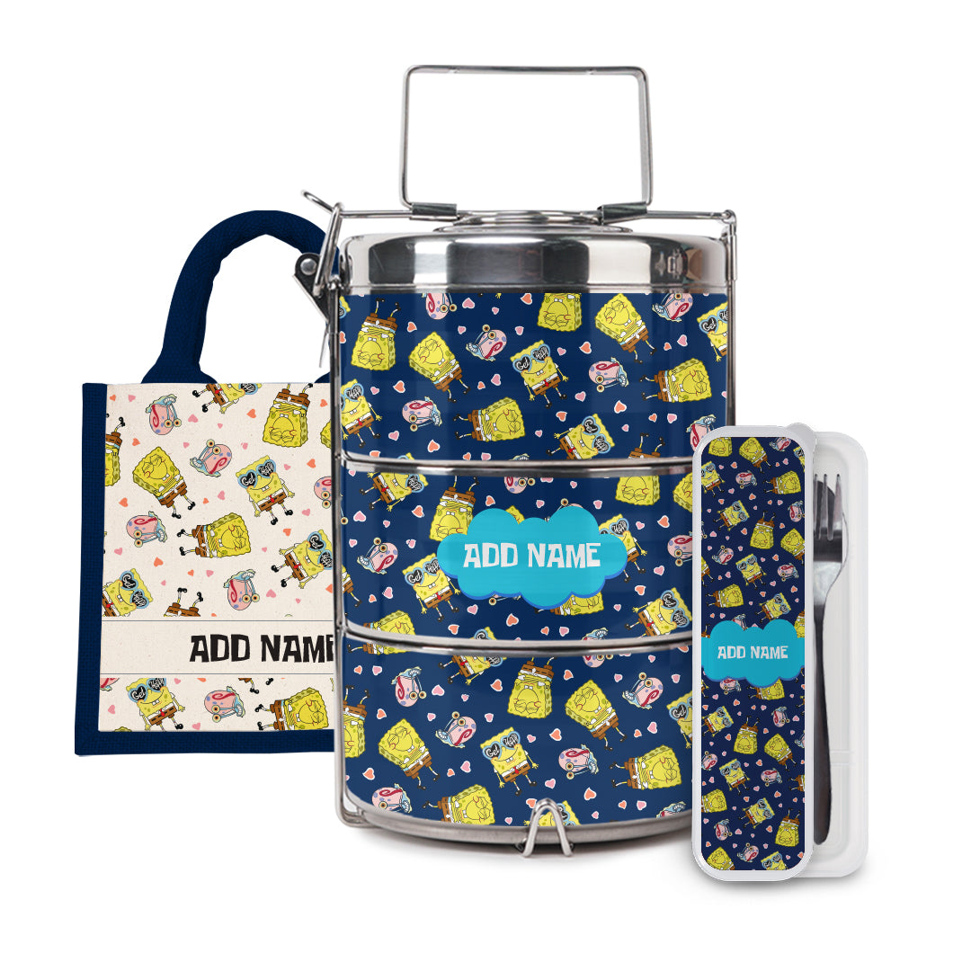SpongeBob - Get Happy Pattern Personalized Half Lining Lunch Bag , Tiffin Carrier and Cutlery Set