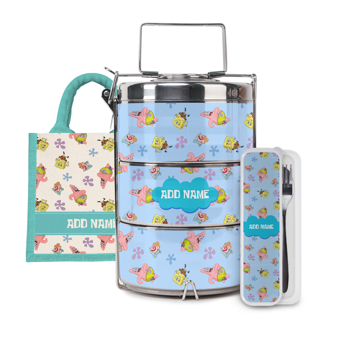SpongeBob - Happy Walking Pattern Personalized Half Lining Lunch Bag , Tiffin Carrier and Cutlery Set