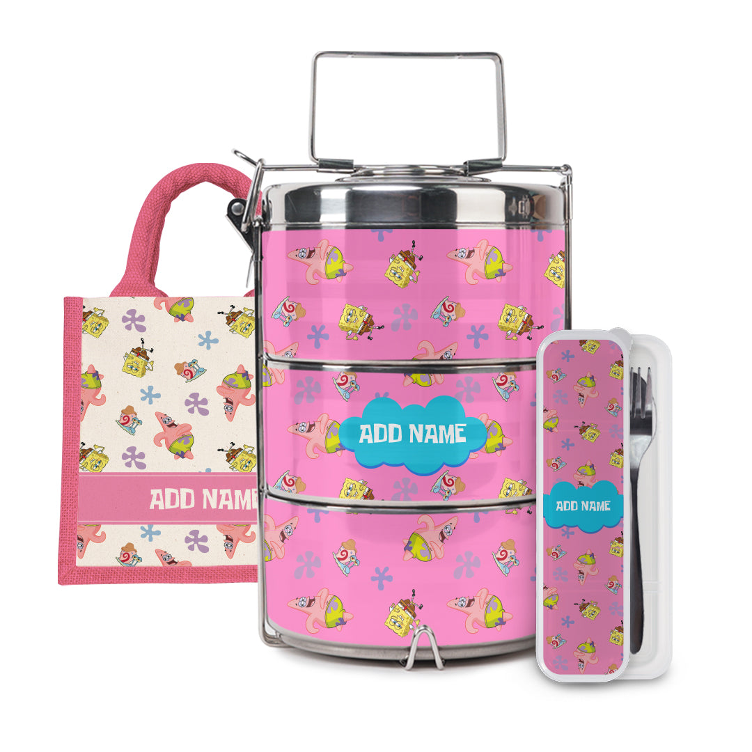 SpongeBob - Happy Walking Pattern Personalized Half Lining Lunch Bag , Tiffin Carrier and Cutlery Set
